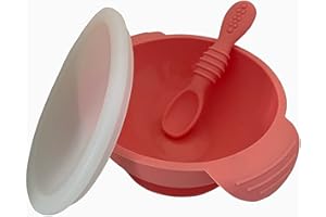 HOUSE OF LUXX 3 Piece Silicone Suction Weaning Set, with Bowl, Spoon, Lid Baby Weaning BPA-Free (Peach)