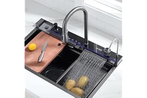 TULAZOU Évier Multifonction T304 en Acier Inoxydable Évier Cuisine, 68x45cm Évier Cuisine 1 Bac, Évier Cascade Avec Robinet Numérique Multifonction et Divers Accessoires(68x45cm)
