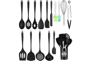 TIXEXO 15 Piezas Utensilios de Cocina de Silicona,Negro Juego de Utensilios de Cocina de Silicona,Sin BPA,Juego Utensilios de Cocina Resistencia al Calor y Antiadherente con Cubo