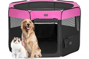 PETSFIT Enclos pliable pour petits animaux, chiens, chats, avec fond étanche, système pop-up, design anti-mastication, rouge rose/noir, 116 x 106 x 70 cm