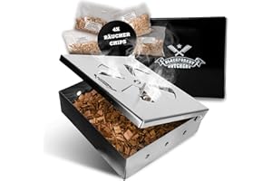 ‎SCHWARZWALD METZGEREI SCHAUFLER Blackforest Butchery - BBQ Räucherbox Set inkl. Räucherchips – Smokerbox aus Edelstahl – Smokergrill-Flair bei jedem Grillmodell - Maße: 14,5cm x B 13cm x H 4,5cm