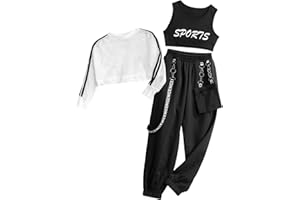 Manyakai 3Pcs Girls Hip Hop Clothes Set Kids Street Dance Outfit Cropped Hoodie Tank Top Cargo Pants