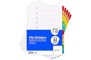 THE PAPER SHOP File Dividers A4, 10 Part Folder Dividers for Ring Binders & Lever Arch Files, Binder & Subject Dividers (5 Pack)