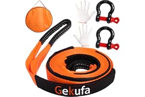 GEKUFA Tow Rope 5M x 5CM, 10Ton (22,000 LBS) Tow Strap Car Kit with 2 Reinforced Shackles(14Ton-31,000LBS) and 2 Protective Gloves – For Off-Road Recovery and Cars (Orange)