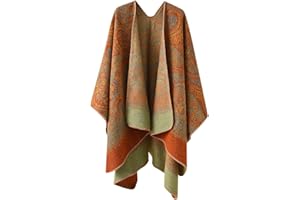 Sisifa Damen Boho Pullover Poncho Schal Wrap Cape Mantel Winter Herbst Vintage Print Stricken vorne offene Strickjacke Decke