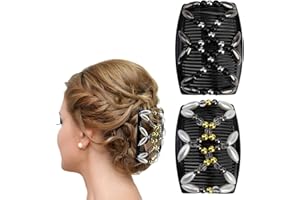 MODLOAN Stretchy Slides Magic Hair Combs,2Ps Hair Accessories Slides for Women Adjustable Hair Clip Beads And Flowers Beading Hair Trimmer Square Insert Comb Hair Styling Tool(Black,White)