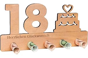 WOBEQU Geldgeschenk Holz- Holz-Schild Gästebuch- Geschenk zum 18.Geburtstag - Jubiläum - Dekoration - Geldgeschenkständer aus Holz - Holzaufsteller 18 für Geld- Geschenk, Gästebuch als Geburtstagskarte