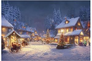 YongFoto 3x2m WeihnachtenHintergrundSzene Schön Winter Haus Dorf Weihnachten Kiefern Schneefeld Bunt Foto Hintergrund für Weihnachtsparty Festival Zuhause Poster Familie Fotografie Zubehör