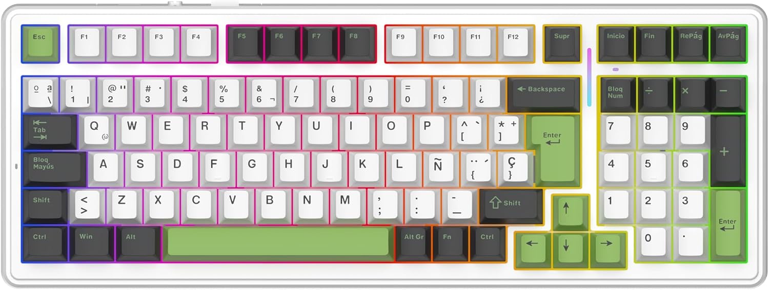 EPOMAKER x Aula F99 ISO-ES Teclado Mecánico con Cable, Distribución Española 96%, Hot Swap, Interruptores Lubricados, Teclas PBT, RGB, Teclado Numérico, Gasket Suave, para Gaming/Oficina(Blanco Verde)