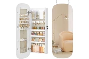 SONGMICS Armoire à Bijoux, Miroir Mural avec LED et Serrure, Miroir Psyché avec Plusieurs Compartiments, pour Boucles d’Oreilles, Colliers, Surface Blanche et Doublure Grise Beige JJC026W01