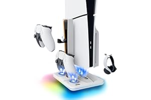 Ultipro Max Base de enfriamiento Playstation 5 PS5 Slim de Mesa con RGB,Ventilador Refrigerador, Carga de 2 Mandos, Soporte, Accesorios PS5 Slim Digital y Disco (Soporte de Mesa RGB)