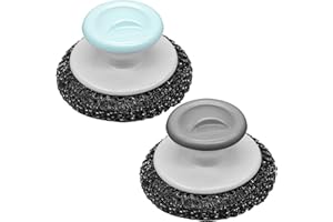 HINGTAI 2 Stück Edelstahl-Wollschrubber mit Griff, Stahlwoll-Schrubber zum Reinigen von Geschirr, Edelstahl-Schrubbbürsten, Reinigungszubehör für Töpfe, Pfannen, Grills