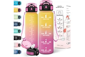 Motswedi Gourde 1l, Anti-Fuite, Gourde Paille, avec Marqueur de Temps, Bouteille d'eau, Poignée de Transport, Bouteille avec Paille, Facile à Ouvrir, pour Randonnée, Sport, Yoga, Jaune Rose
