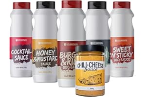 ‎SIZZLEBROTHERS SizzleBrothers Grillsaucen Set 5 x 500 ml + 300g Chili Cheese Sauce | Cocktail Sauce, Honey & Mustard Sauce, Burger & Ribs BBQ Sauce, Knobi Sauce, Sweet 'n' Sticky BBQ Sauce, Chili Cheese Sauce