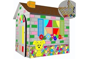 Littlefun Kid's Foldable Premium Corrugated Cardboard Playhouse Kit Child Outdoor Indoor DIY Painting Imagination Toy Play House Markers Included(Cartoon Cottage)