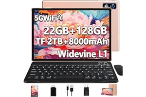 DEERTIME 2025 Newest Android 14 Tablet 10 Pulgadas, 22GB RAM+128GB ROM/TF 2TB ,GPS ,5G+2.4G WiFi,Octa-Core 2.0GHz,8000mAh | Cuerpo Metálico | Widevine L1 | GMS Tablet 2 en 1 con Teclado, Funda y Ratón - Oro