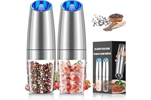 Cunsieun Pimentero Electrico Molinillo automático de sal y pimienta, molinillo de pimienta negro eléctrico por gravedad, funciona con pilas, luz LED, molinillo de sal de grosor ajustable, paquete de 2