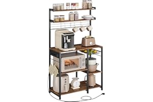 ‎VASAGLE VASAGLE Scaffale Cucina con Prese di Corrente, Scaffale per Microonde, 8 Ganci a S, Mobile Cucina, Portaspezie, 40 x 90 x 165,5 cm, Marrone Vintage e Nero Inchiostro KKS031K11