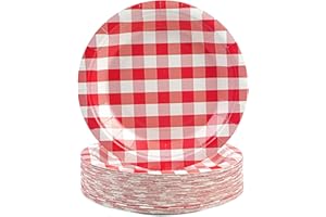 HFBOBP 50Pcs Gingham Paper Plates, 7 inch Red Checked Dessert Cake Plates Plaid Disposable Tableware Party Supplies for Picnic, Camping, Family Gathering, Baby Shower, Birthday, Bachelor Party
