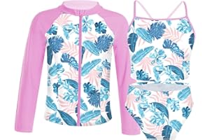 Mufeng Maillot de Bain Enfant Fille Ado 3 Pièces 50+ Anti-UV Tankini Floral Manteau Protection Solaire Bikini Ensemble de Sport Tenue de Plage Natation Rash Guard 3-16 Ans