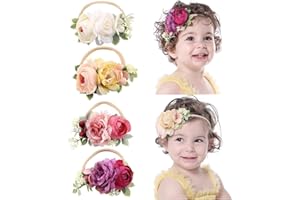 Cinaci 4 Pack White Pink Red Rose Flower Hair Bows Super Stretchy Nylon Headbands Floral Crowns Elastic Hair Bands Fancy Headpieces Hair Accessories for Baby Girls Newborns Infants Toddlers Kids