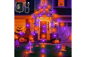 Dalugo Halloween spindelnät svart, 6 x 5 m stora trianglar halloween dekoration ljuskedja, 8 lägen orange lila ljusslinga bat