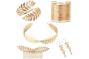 FUKPO Accessori Dea Greca Donna Bambina, Corona Alloro Tiara Dorata, Corona di Alloro Oro Coroncina Set Accessori Capelli Dea Greca Braccialetto Orecchini Copricapo Costume Bandeau Cheveux Diademe