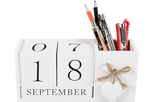 CosyCaya Wooden Perpetual Calendar Desk Calendar with Pen Holder Flip Calendar Desktop Calendar House Calendar, White