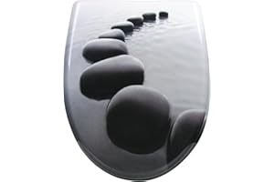 WOLTU Toilettendeckel mit Absenkautomatik Motiv, WC Sitz mit Schnellverschluss, Toilettensitz O Form, Klodeckel Klobrille, Montage von oben und unten, 175 kg belastbar, Duroplast, Schwarzer Stein Oval