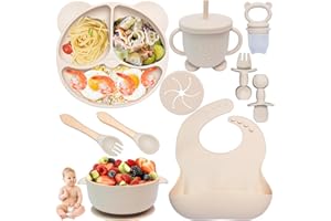 KINYODA 10 sztuk, Silikonowy zestaw naczyń dla niemowląt, antypoślizgowy, z przyssawką, zestaw sztućców do nauki jedzenia z łyżką, widelcem, miską, śliniaczkiem, różowy