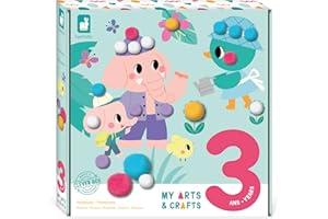 Janod - My Arts & Crafts - 3 Ans - Coffret Pompon - 4 Tableaux - Kit Loisir Créatif Enfant - Apprentissage Motricité Fine et Concentration - J07741