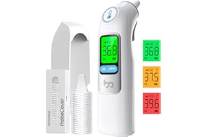 Femometer Termometro per la febbre per adulti e bambini, termometro per orecchie ad alta precisione, 30 memoria, allarme febbre a 3 colori, con 21 coperture monouso e scatola di immagazzinaggio