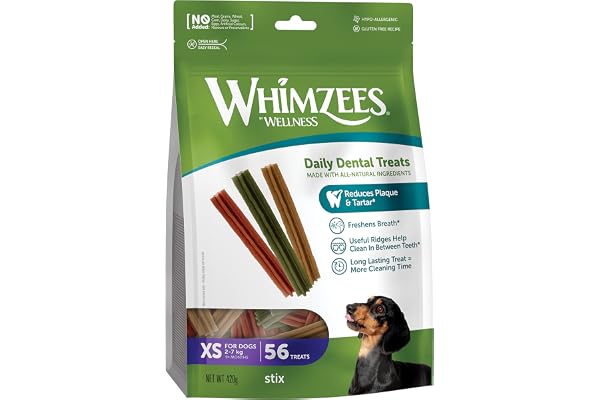 WHIMZEES Bâtonnets XS, 56 Pièces – Taille XS, Friandises pour Chiens de Très Petite Taille, Naturelles & sans Céréale, Végétariennes, sans Sucre Ajouté