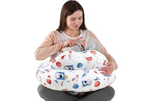Labtec Coussin d'allaitement pour bébé - Multifonctionnel - Avec sangle de taille réglable et clôture de sécurité - Taie d'oreiller amovible 100 % coton - Motif espace