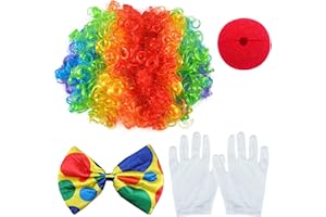 Guyode 4 Piezas Accesorios Disfraz Payaso Niño, Peluca Pelo Rizado de Arco Iris Payaso Nariz de Payaso Conjunto de Disfraz Pajarita Blancos Guantes para Fiesta Cosplay Espectáculo Circo Carnaval