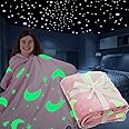 FiNeWaY Glow in The Dark Throw Blanket Flannel Moon Star Unicorn Gifts for Kids Girls Boys Adults Bedroom Cosy Warm Super Soft Plush Fleece Faux Fur (Moon & Stars Pink)