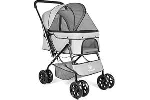 Virzen Foldable Dogs and Cat Strollers with Storage Basket and Cup Holder for Small and Medium Cats, Dogs, Puppies (Gray)