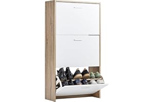 CASABEL Meuble de Rangement a Chaussure 18 Paires - Armoire Etagere Grande Capacité pour Entree, Couloir - L60xP24xH113 cm - Portes Blanches Cadre Bois Clair