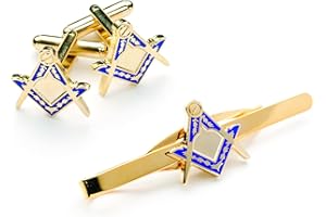 The Masonic Collection - Square & Compass Cufflinks & Tieslide Set for Men - Gold Plated - Blue Coating - Comes in Velvet Pouch/Cufflink Box - Quality Freemason Gifts for Men