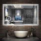 AICA Miroir de Salle de Bain LED avec Bluetooth, Mural Miroir avec Horloge + 3 Couleurs + Dimmable + Anti-buée + Grossissant