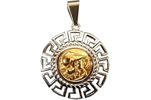 Bijoux Grèce Antique Beau Pendentif Réplique Pièce Grecque Déesse Athéna Frise Hellénique Acier Poli Tons Or et Argent
