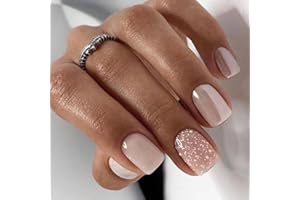 CEBOIC 24 Pièces Faux Ongles Court Carrés Français Nude Ongles à Coller Naturel Acrylique Bâton sur Les Ongles avec Autocollants Adhesif Ballerine Artificiel Press on Nails pour Femmes et Filles