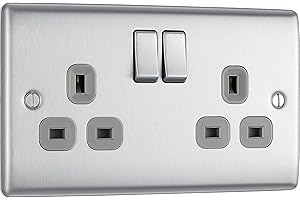 BRITISH GENERAL BG Electrical Double Switched Power Plug Wall Socket, Nexus Metal, Brushed Steel, Grey Inserts, 13A, NBS22G