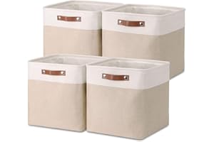 Mangata Collapsible Storage Cube Boxen, 28CM Cube Leinen gewebt Stoff Lagerung Körbe mit Ledergriffen 4PCS(Light Khaki und Weiß)