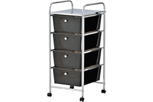VonHaus Storage Trolley, 4 Drawer Black Wheeled Makeup Trolley, Durable Storage with Plastic Drawers, Chrome Frame & 360° Wheels, Versatile Organiser for Bedroom, Bathroom, Home Office