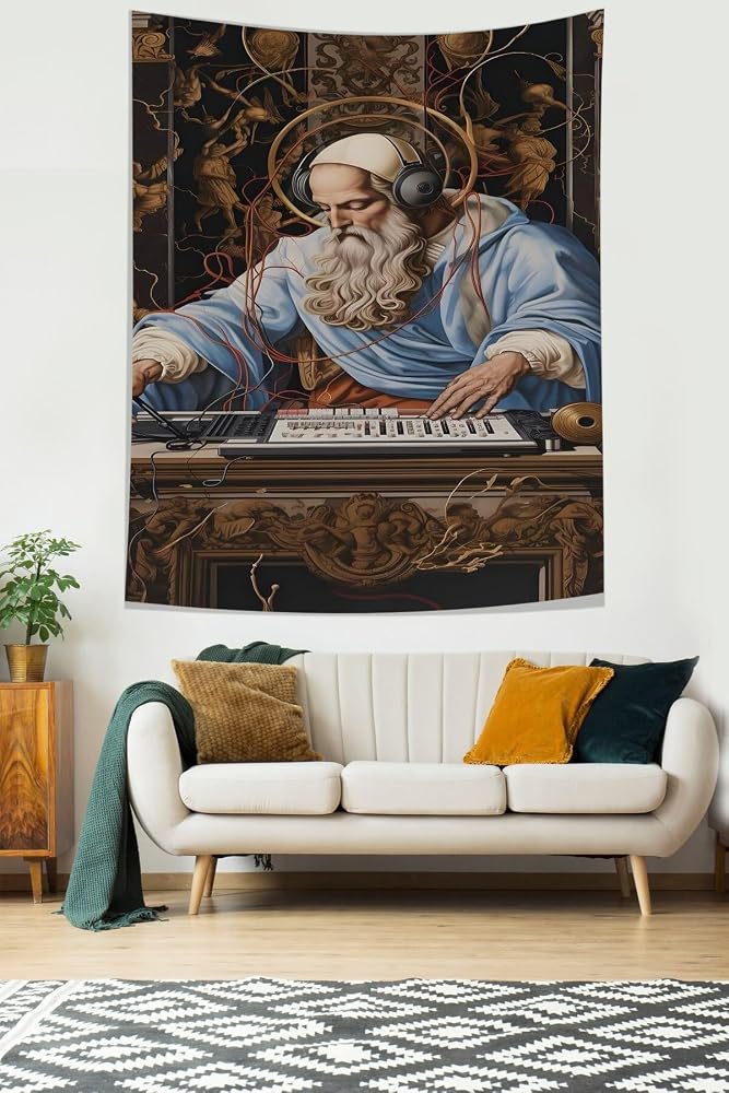 Pelangi Müzik Temalı Dj Desen Leke Tutmaz Kumaş Duvar Örtüsü Duvar Halısı Tapestry PNTR540, 100 x 140