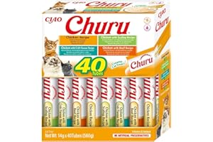 INABA Churu - Friandises pour Chats en Purée aux 4 Saveurs de Poulet - Délicieux Snacks pour Félins - Texture Lisse et Onctueuse - Nourriture pour Chats - 40 Tubes x 14g