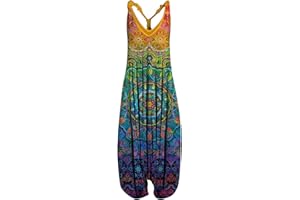 SSLLH Damen Jumpsuit Sommer Boho Lang Druck Overall Baggy Oversize Playsuit Aladinhose Ärmellos Vintage Sommerhose für Frauen Casual Lose Leichte Einteiler Rompers Mädchen Sommeroverall Haremshose