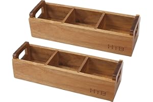 Small Wooden Tea Bag Box 2PCS by HTB, 3 Compartments Acacia Wood Tea Bag Chest with Handle, Mini Countertop Divided Storage Container for Beverage Supplies, Sugar, Sweeteners, Individual Packets
