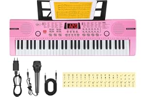 HRICANE Teclado de piano electrónico de 61 teclas, con acompañamiento automático, portátil, digital, con soporte y micrófono, regalo para niños y niñas